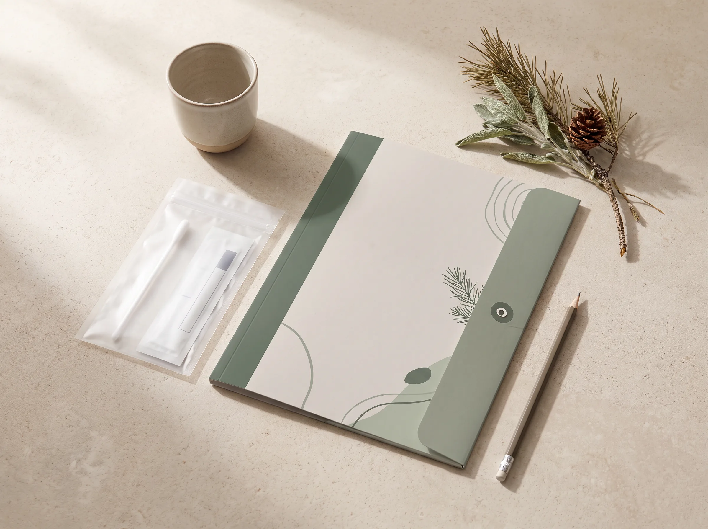 Sealed cheek-swab kit beside a personalized genomic report folder